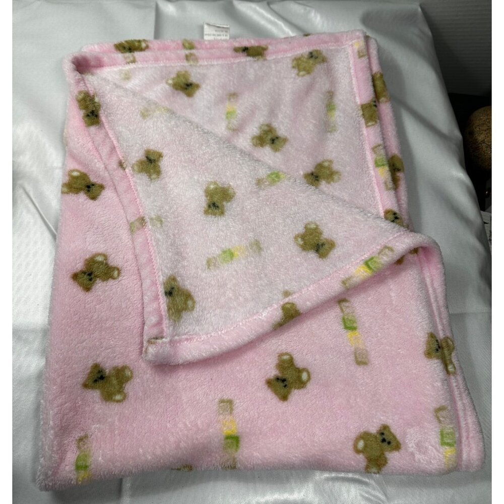 Pink Fleece Vtg baby security blanket 40x30 brown bears lovey VERY RARE
